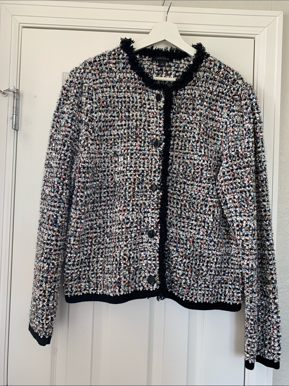 Ann Taylor Multicolor Tweed Jacket with Black Trim